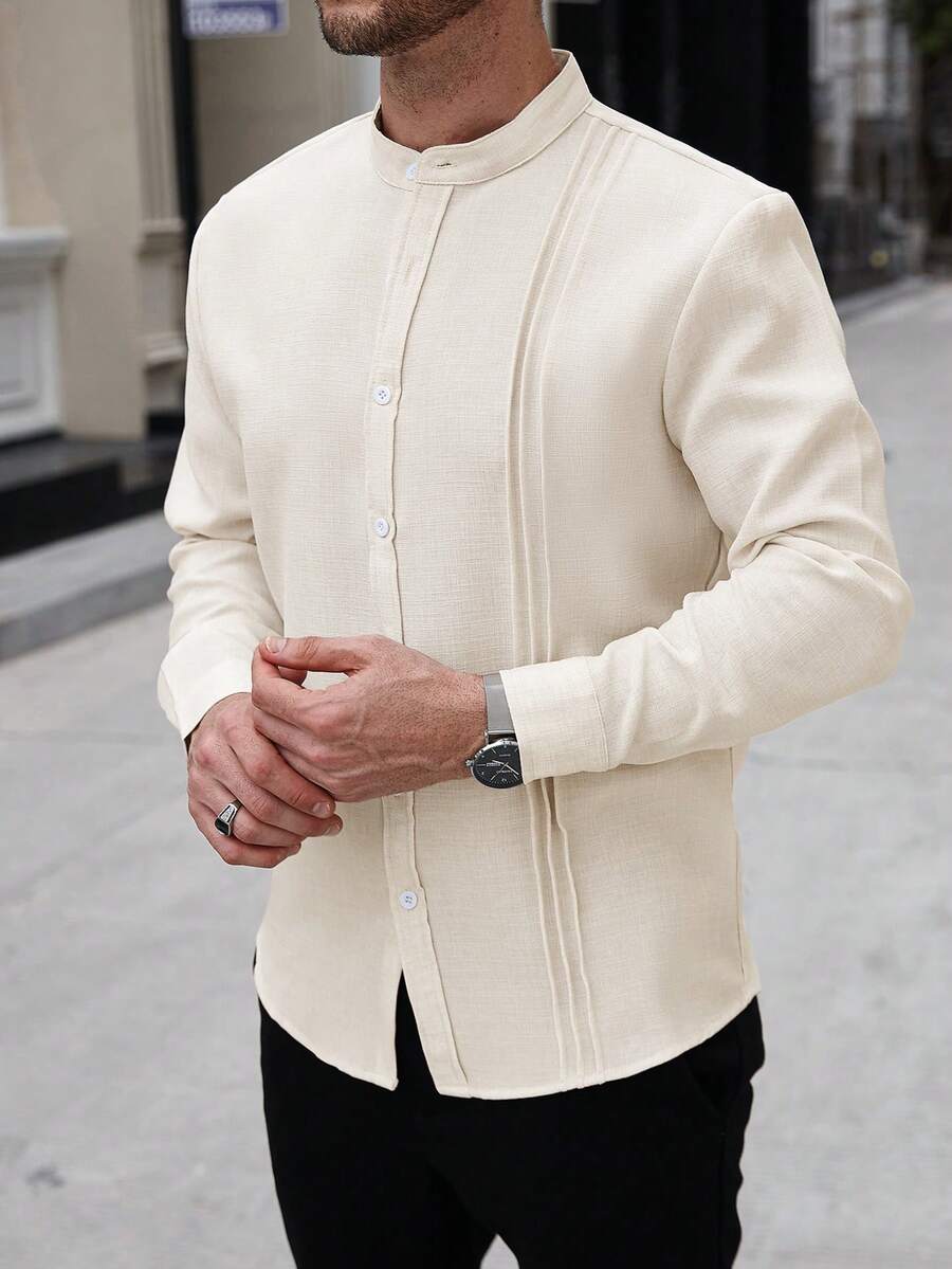 Manfinity Homme Men's Casual Solid Color Button-Down Long Sleeve Shirt - Beige - View 1