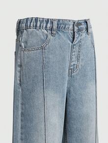 Jeans de mezclilla azul vintage estilo Y2K para niñas, pantalones casuales de cintura alta y pierna recta holgada, tela suave y cómoda, adecuados para salidas y vacaciones de primavera/verano - Azul lavado medio - Ver 5