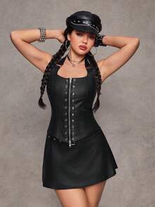 Jeanoix Conjunto de 2 piezas de top halter y minifalda con diseño de ojo de pollo recubierto, estilo Y2K para mujer - Negro - Ver 7
