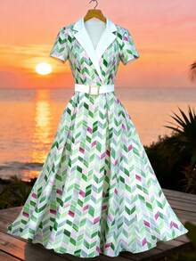 SHEIN Elenzya Elegant Romantic Tailored Collar Waist Splicing A-Line Dress, Suitable For Resort & Countryside - Multicolor - View 4