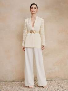 Anewsta Women's Fashion Single-Button Lapel NeckPatchwork Sleeve Blazer - Apricot - View 5