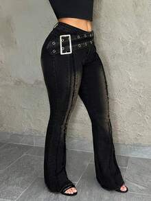 Dayanna Comas Quần jeans ống loe cạp trễ dành cho nữ có khóa cài hình mặt trời và lỗ xỏ dây, màu đen - màu đen - Xem 5