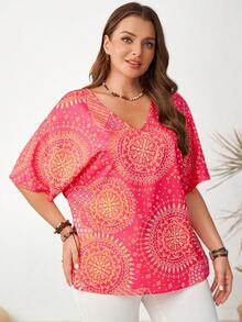 EMERY ROSE 大码休闲几何印花蝙蝠袖衬衫 - 彩色 - 查看 4