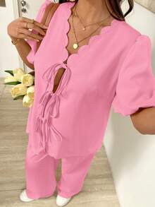 Set de 2 piezas de top con mangas de farol con volantes y nudo delantero y pantalones con cintura ajustable para embarazadas, conjunto de moda para vacaciones - Rosa - Ver 5