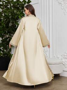 Layrah 女士水溶性蕾丝拼接长袍套装，含外套，摩洛哥卡夫坦穆斯林时尚长袍，适合节日/聚会，优雅奢华晚宴风格 - 杏色 - 查看 2