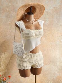 Mistrie Áo nữ kiểu dáng gợi cảm, xếp ly, phối vải xuyên thấu, áo vest hai kiểu, áo croptop, thích hợp mặc đi biển và dự lễ hội âm nhạc. - trắng - Xem 4