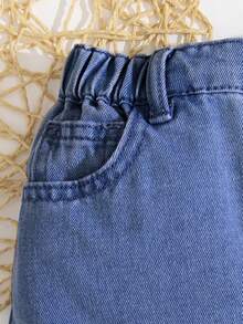 SHEIN Chân váy denim xanh cơ bản thường ngày cho bé gái, chân váy phong cách boho mùa xuân hè. - Rửa tối - Xem 6