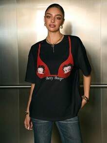 Betty Boop x SHEIN Women's Bikini Print Round Neck Short Sleeve Casual T-Shirt - Black - View 7