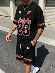 Aesthetic Post 男士23号洛杉矶标语印花休闲运动风圆领短袖T恤和短裤两件套外出上衣女士男友礼物图案T恤女士上衣女士衬衫男士休闲白色上衣白色衬衫女士衬衫春季上衣春季服装度假服装夏季服装海滩度假服装夏季服装度假服装夏季度假服装男士街头服饰套装男士两件套短裤套装 - 彩色 - 查看 8