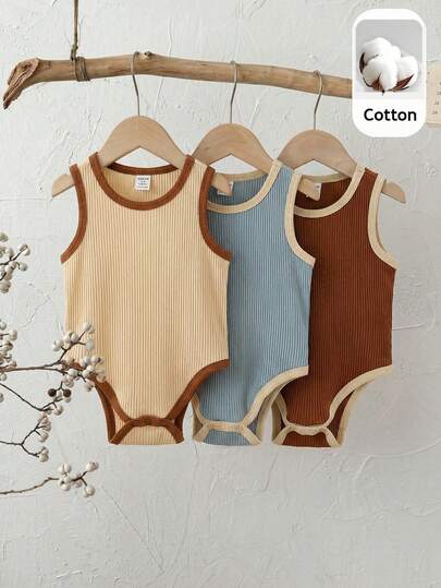 SHEIN 3pcs/Set New Baby Boys Soft Casual Comfortable Versatile Round Neck Set, Neutral Color Bodysuit Ribbed Clothing