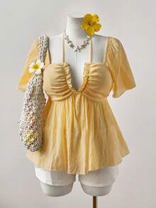 Sweetra Neues Urlaubssommer Damen Outfit, elegante sexy Strand Urlaubs strukturierte tief gerüschte Volant Träger Puff Ärmel Bluse, taillierter Boho Stil - Orange - Übersicht 4