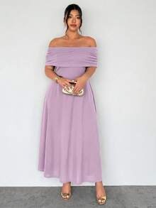 Firerie Plus Size Women's Elegant Minimalist Sophisticated Romantic Fashion Sexy Lady Holiday/Work Occasion Off-Shoulder High Waist A-Line Long Dress - Mauve Purple - View 6