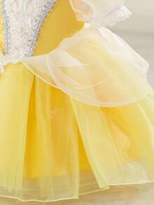 SHEIN Glamorique Kids 女婴公主薄纱连衣裙，黄色网纱连衣裙，泡泡袖，生日派对，婚礼节日正式礼服，珠宝装饰，四季皆宜，优雅正式礼服 - 黃色 - 查看 5