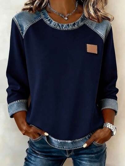 EMERY ROSE Women's Patchwork Denim Effect Print Long Sleeve Casual T-Shirt