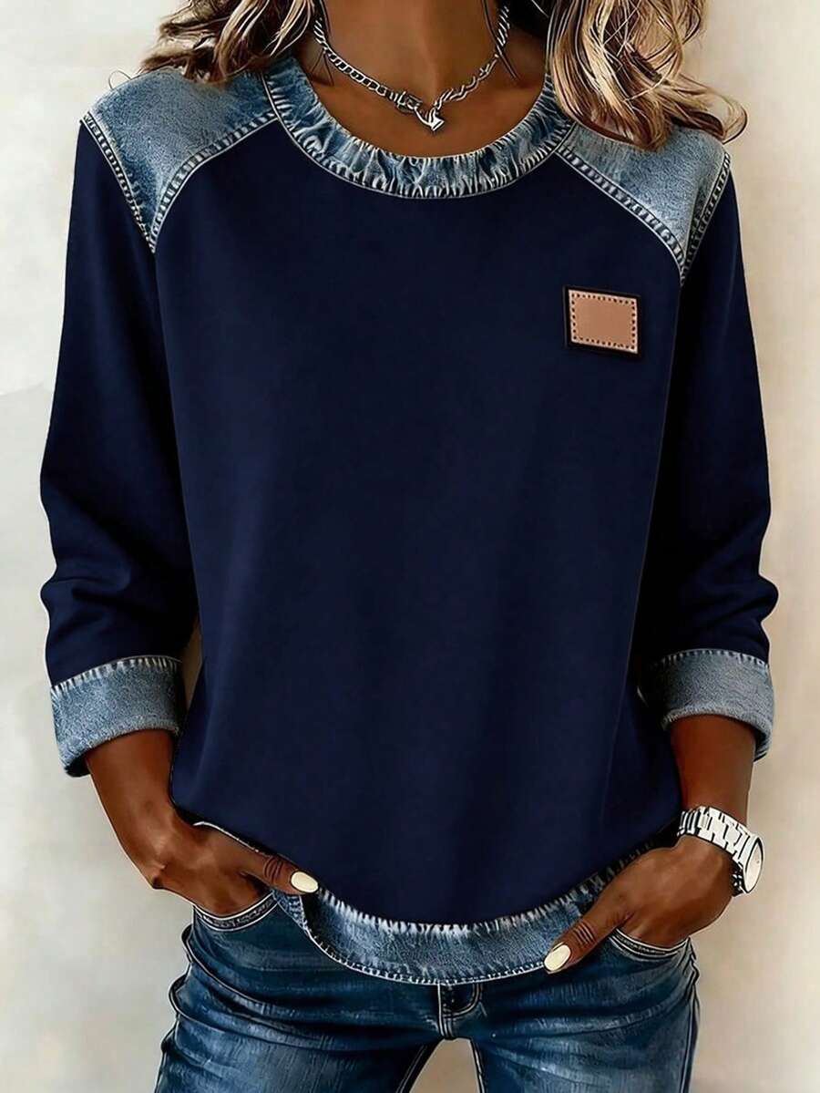 EMERY ROSE Women's Patchwork Denim Effect Print Long Sleeve Casual T-Shirt - Multicolor - View 1