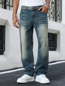 Manfinity EMRG 春夏新款街头水洗复古蓝直筒宽松破洞牛仔裤 - 藍色 - 查看 4