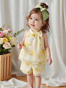 Souflis Souflis Bộ 2 món áo không tay và quần short họa tiết bướm thêu hoa cho bé gái, ngọt ngào và tràn đầy năng lượng cho mùa hè - Màu vàng - Xem 3