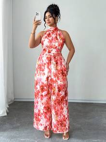 Elenzga Plus Size Women's Elegant Romantic Sweet Design Halter Backless Waist Slimming Long Floral Print Chiffon Jumpsuit, Casual Holiday - Pink - View 4
