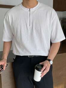 DAZY Men's Zip-Up Half-Placket Short Sleeve White T-Shirt, Summer - White - View 6