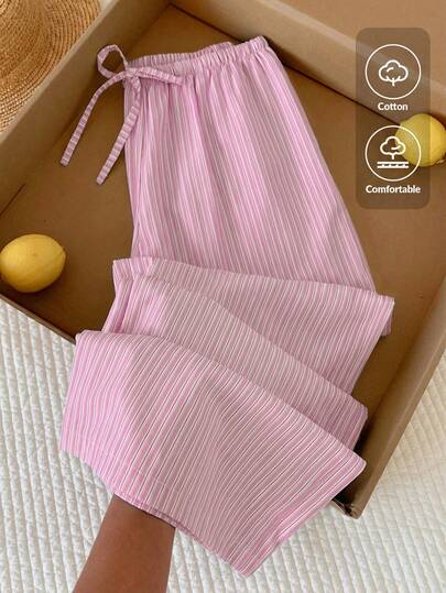 Comfortcana Women's Casual Pink Striped Cotton Drawstring Waist Wide Leg Pants, Suitable For Daily Commute, Vacation, Casual, Y2K Style, Spring/Summer, Valentine's Day