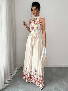 SHEIN Elenzya 优雅印花系带连体裤，适合日常穿着、通勤、家庭聚会、海滩、浪漫假期和旅行。 - 杏色 - 查看 5