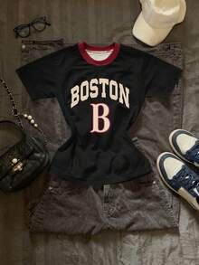 INAWLY Women's Casual Letter & Number Print Round Neck Short Sleeve T-Shirt, Summer - White - View 1