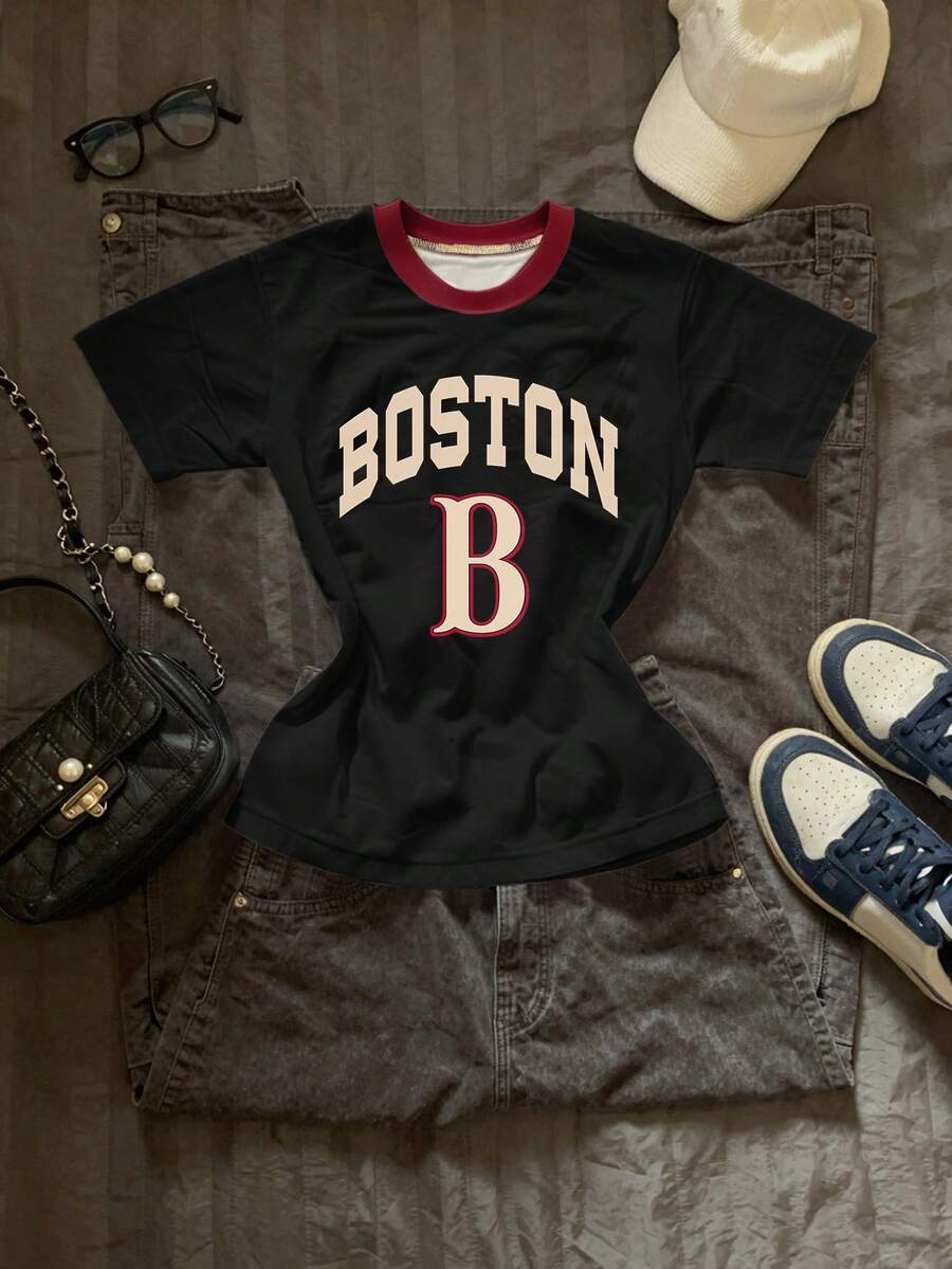 INAWLY Women's Casual Letter & Number Print Round Neck Short Sleeve T-Shirt, Summer - White - View 1