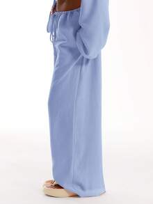 MUSERA Quần dài đi biển thắt nơ phía trước, chất liệu vải lanh, thanh lịch, thích hợp cho kỳ nghỉ hè, tắm nắng, phong cách thường ngày, boho, màu trắng, thích hợp cho sân bay, mùa đông và tiệc tùng. - Màu xanh nhạt - Xem 4