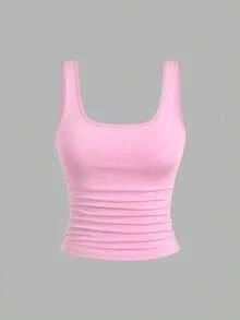 Flirla Áo ba lỗ cổ vuông xếp ly thường ngày đa năng cho nữ cỡ lớn - Nhiều màu - Xem 3