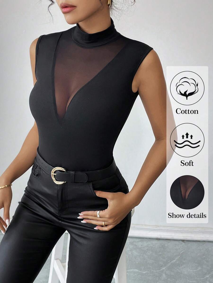 Rafferiza Áo tank top không tay ôm sát cổ cao, phối lưới, thanh lịch dành cho nữ.