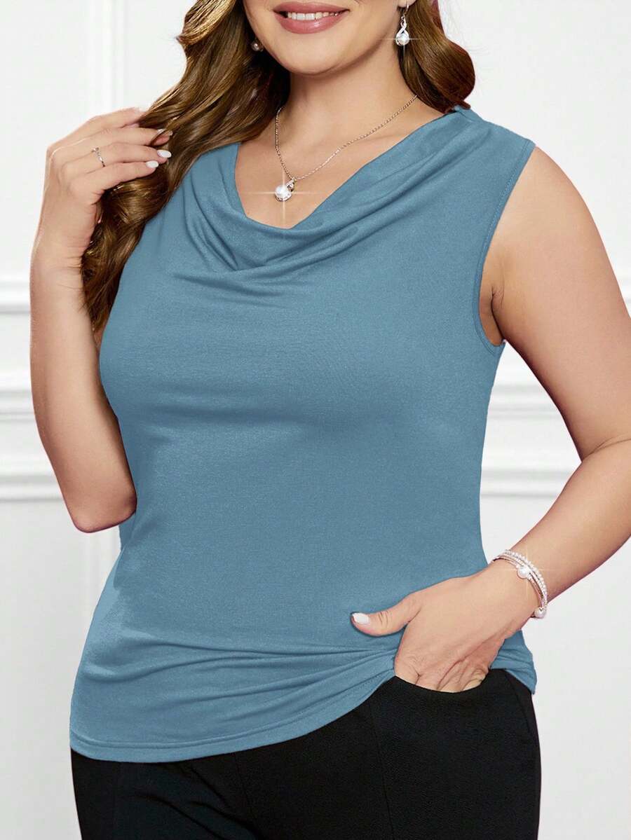 EMERY ROSE Valentine's Day Plus Size Women'S Draped Neck Tank Top - Teal Blue - View 1