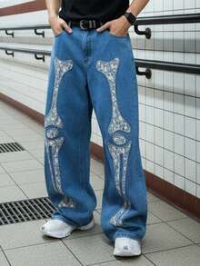 Manfinity EMRG Quần jeans ống rộng wash, thiết kế mới mùa xuân, phối họa tiết thêu đắp. - Màu xanh lam - Xem 6