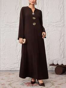 Al Najma Plus Size Women Metal Sun Decor V-Neck Loose Arabic Style Dress - Coffee Brown - View 5