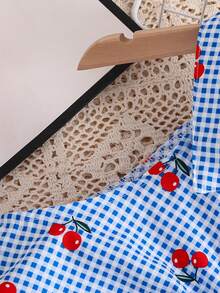 SHEIN Tween Girl Cherry Blue & White Plaid Front Button Ruffle Casual Vacation Camisole Shirt - Multicolor - View 7