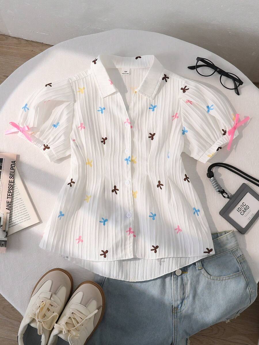 SHEIN Elladie kids 少女蝴蝶结印花纹理面料花瓣袖收腰休闲衬衫，夏季假日休闲装 - 彩色 - 查看 1