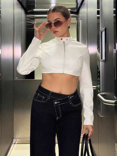 Bethéva Women's Winter Streetwear Rave Party Hippie Athleisure Y2K Basic Leather Comfortable Zip Up Slim Fit Game Day White Crop Long Sleeve Coat