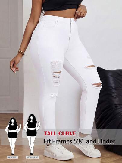 SHEIN PETITE CURVE Summer Plus Size PETITE CURVE Woman Casual High Waisted White Distressed Denim Pants For Women Ripped Frayed Slim Fit Skinny Jeans Versatile Solid Color Distressed Skinny White Jeans