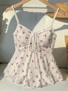 Comfortcana 大码樱桃提花荷叶边系带吊带背心，休闲度假装，春夏娃娃衫，夏季女装上衣 - 紅白色 - 查看 1
