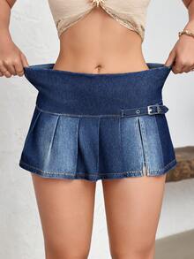 Flexra Women's Chicken Eye Buckle Design Pleated Fashion Denim Skorts - Blue - View 9