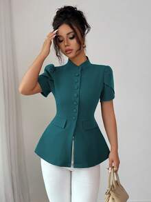 Elenzga 女士春夏法式浪漫西西里优雅休闲通勤度假下午茶派对纯色立领开襟纽扣泡泡袖A字装饰口袋短袖衬衫 - 水鴨藍 - 查看 4