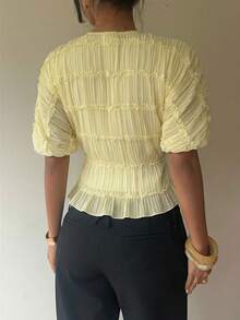 Siren Gaze 女士纯色蕾丝荷叶边圆领衬衫，喇叭袖，优雅衬衫，纯色圆领荷叶边上衣，适合锐舞派对、音乐节、伊比沙岛、科切拉音乐节等场合，可作外套穿着，多层荷叶边衬衫，荷叶边上衣，收腰衬衫，夏季 - 淡黃色 - 查看 2