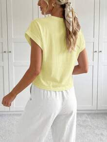 SHEIN LUNE Maglietta casual a maniche corte e collo rotondo in maglia tinta unita da donna - Giallo chiaro - Visualizzare 3