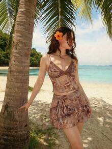 SHEIN MOD 女士豹纹蕾丝吊带背心和荷叶边迷你裙两件套，约会时尚套装 - 彩色 - 查看 3