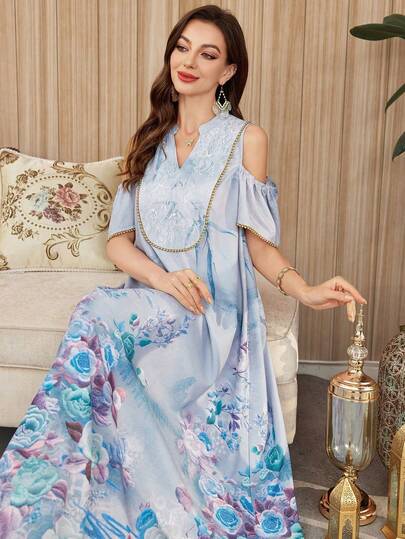 Al Najma Đầm dự tiệc thường ngày nữ cổ chữ V, chất liệu jacquard, kiểu trễ vai.