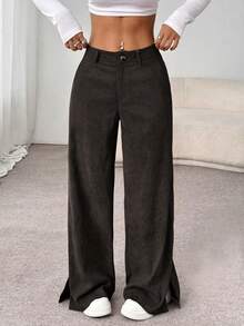 SHEIN Unity Calça Palazzo Feminina Casual, Corte Reto e Solto com Fenda Lateral, em Veludo Cotelê Leve, Ideal para o Verão. - Castanho Café - Ver 6