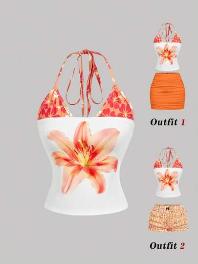 SHEIN MOD Women's Summer Vacation Floral Print Halter Neck Camisole,Ummer,Vacation Outfits, Retro, Vintage,Country Outfits, Going Out, Picnic, Cute, Floral Top,