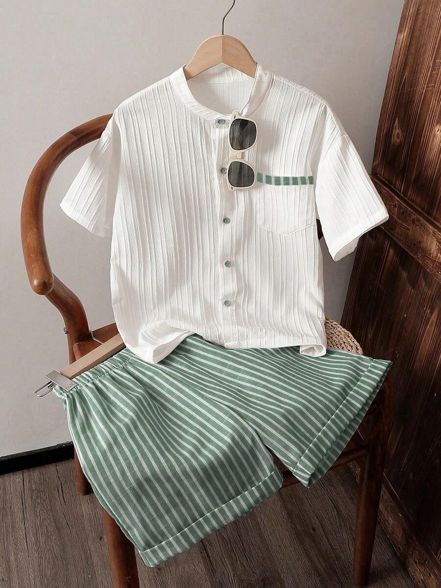 SHEIN Vintaside Kids 男童通勤休闲条纹立领衬衫和条纹短裤两件套,舒适时尚 - 彩色 - 查看 1