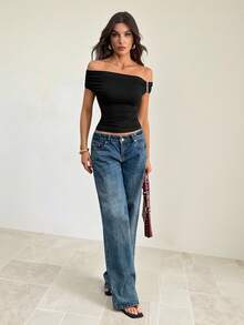 SHEIN Tall 不对称肩部针织T恤上衣，紫红色黑色上衣 - 黑色 - 查看 9