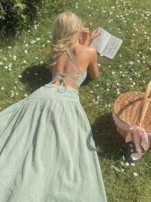 SHEIN MOD 绿色不对称露背度假连衣裙 - 綠色 - 查看 5