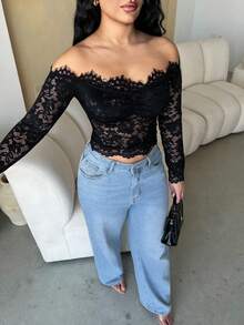 Dayanna Comas 女士蕾丝性感透视镂空露肩长袖上衣，酒红色，适合圣诞节、万圣节、亡灵节、秋冬季叠穿 - 黑色 - 查看 3